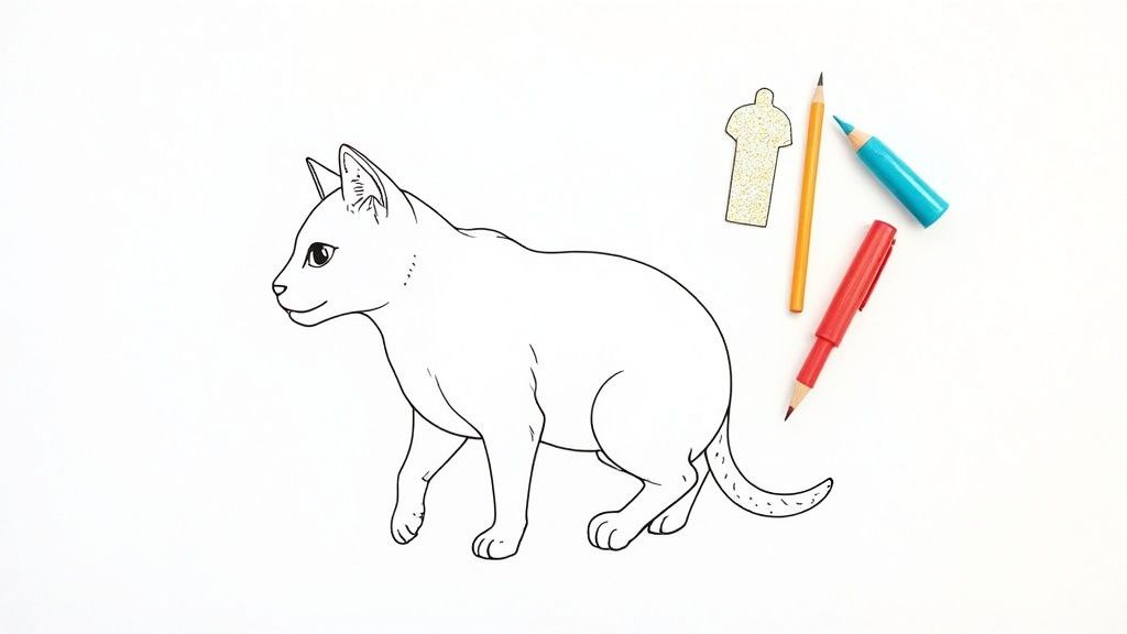 A black and white outline drawing of a cat, perfect for a kids' coloring page, with coloring tools visible.
