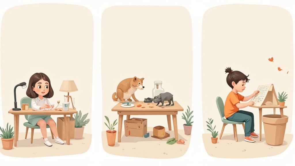 A parent and child happily engaged in a creative activity together at a table filled with craft supplies.