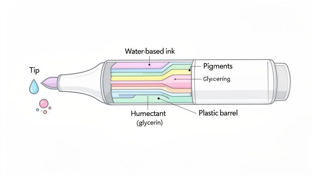Detailed diagram illustrating the internal components of a marker: tip, water-based ink, pigments, glycerin, and plastic barrel.