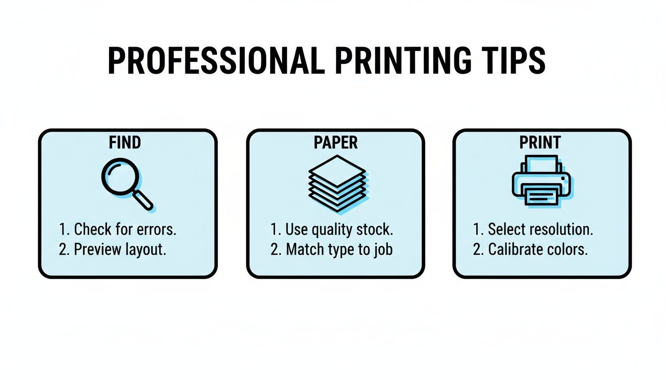 Infographic outlining professional printing tips, categorized into finding errors, selecting paper, and optimizing print settings.