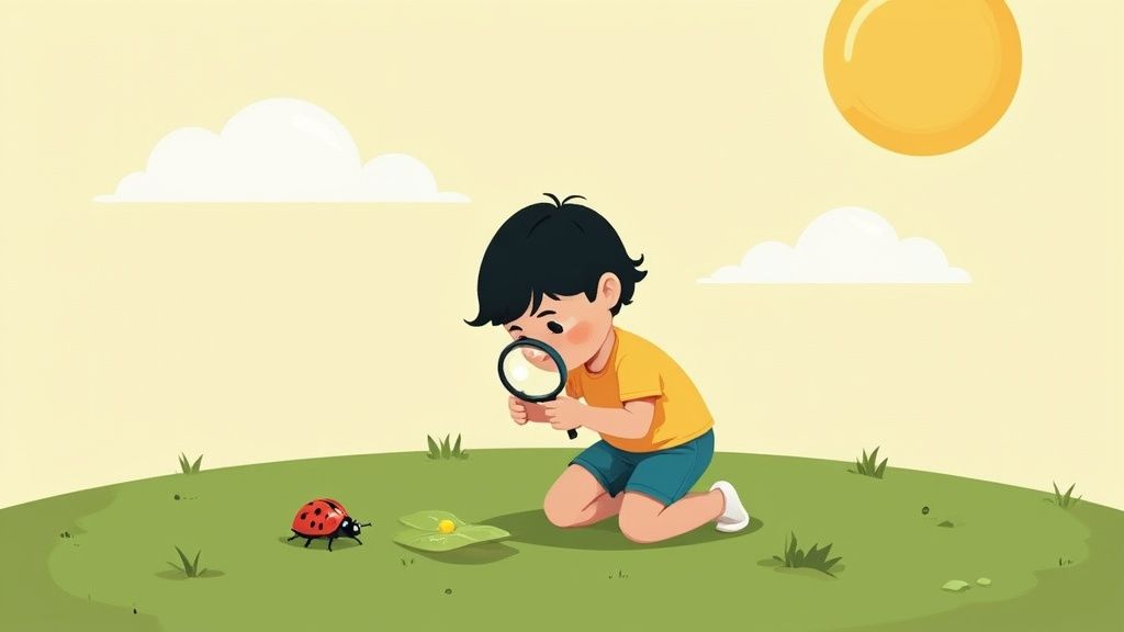A young boy observes a ladybug and a leaf with a magnifying glass on a sunny day.