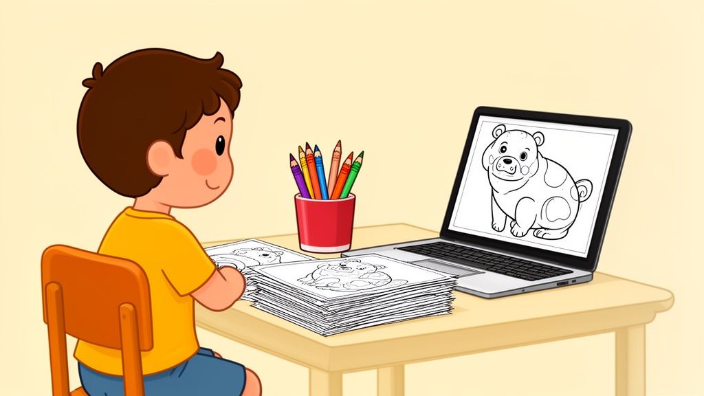 A young boy enjoys coloring bear pages at a desk with a laptop and pencils.