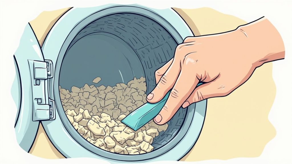 A person's hand wiping the inside of a dryer drum with a cloth