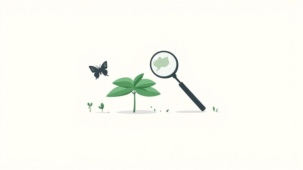 A young child and an adult exploring a forest, pointing at different plants and examining leaves with a magnifying glass.