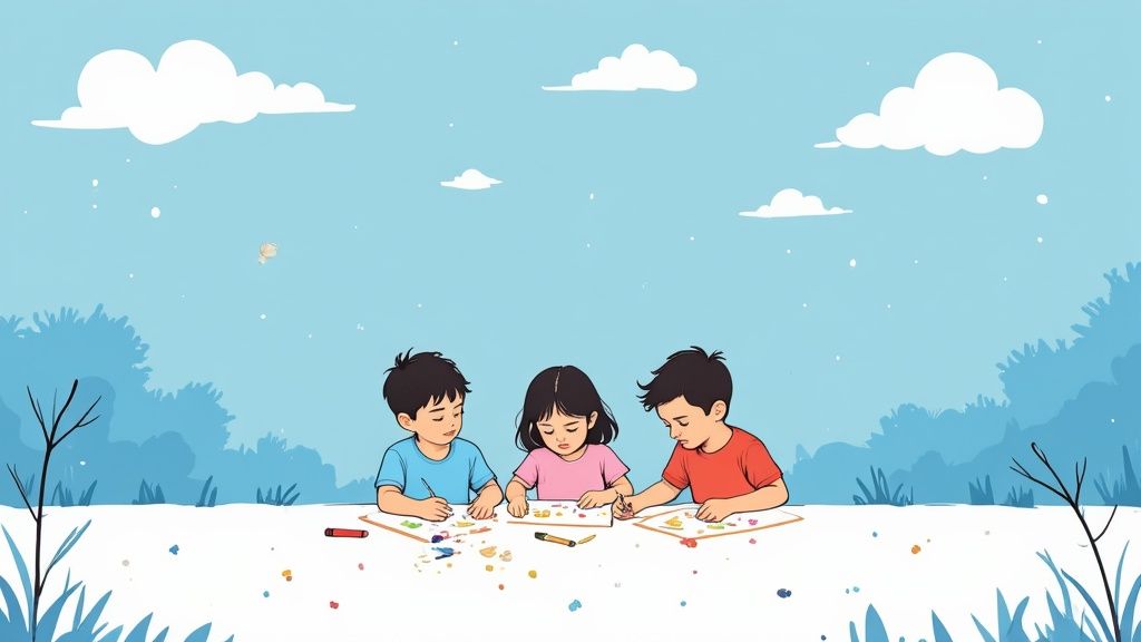 A family coloring Bluey pages together with glitter and cotton balls adding texture to their art