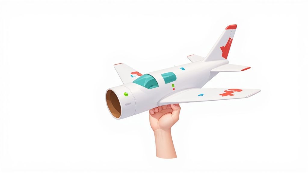 A child's hand holds a white toy airplane with red cross symbols against a white background.