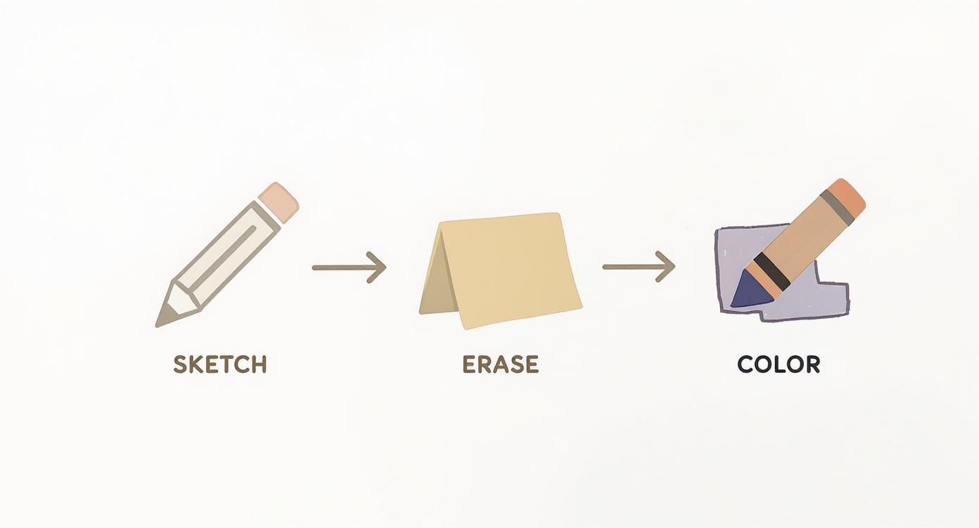 Infographic showing the three-step process to draw a plant Sketch, Erase, and Color.