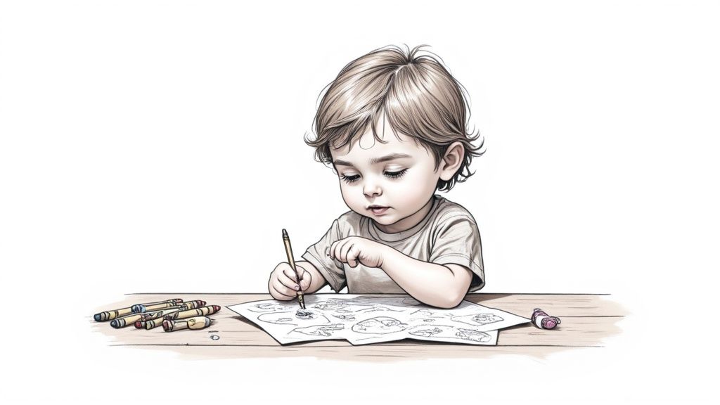 A close-up shot of a child's hand gripping a chunky crayon, focused on coloring a Colortada page.