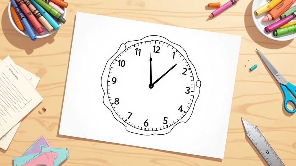 A clock drawing on a white paper surrounded by colorful art supplies on a wooden desk.
