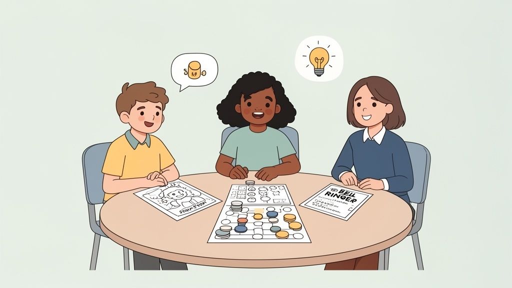 Three children of diverse backgrounds happily playing a board game and engaging with printable resources at a table.