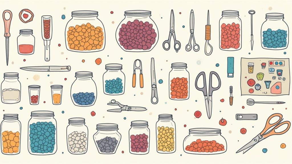 A well-organized craft room with colorful supplies neatly stored in clear containers, drawers, and on shelves.