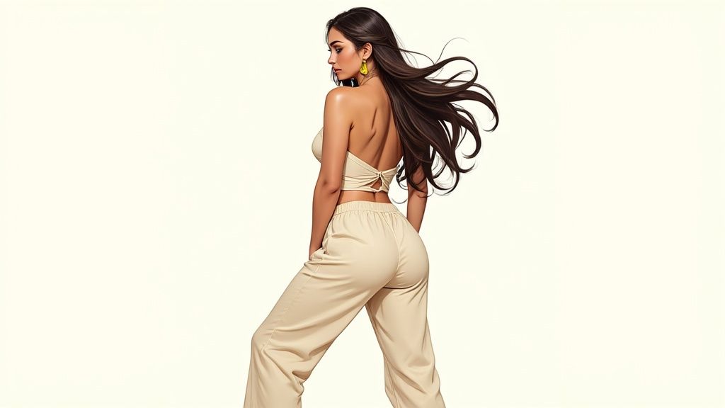 A sketch of Princess Jasmine's full hair and outfit, showing the flow of her hair and the folds of her pants.