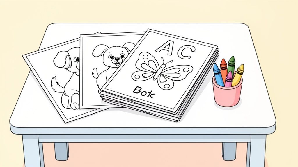 A stack of coloring books featuring dogs and a butterfly, with colorful crayons on a white table.
