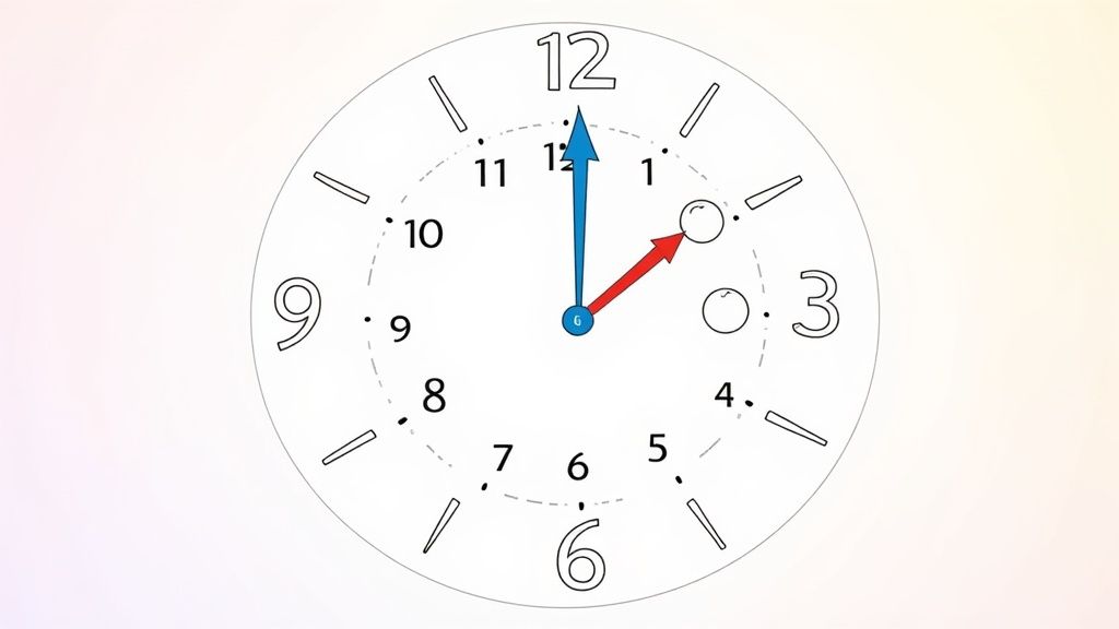A simple, line-art clock face with a blue hour hand pointing to 12 and a red minute hand pointing to 1, showing 12:05.
