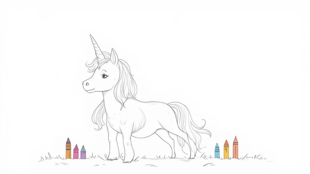 A black and white coloring page showing a unicorn standing on grass with scattered crayons.