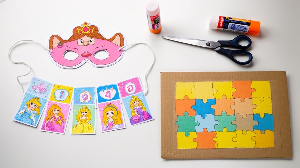 A crafting scene with a pink princess mask, princess banner, glue, scissors, and a colorful puzzle.