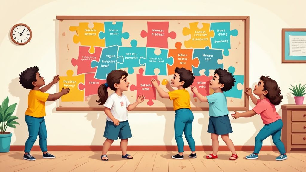 Diverse children in a classroom collaboratively arranging colorful puzzle pieces on a large board.
