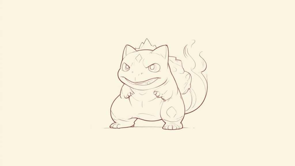 A clean, sharp line art drawing of Pikachu, with faint construction lines visible underneath, showing the transition from sketch to final outline.