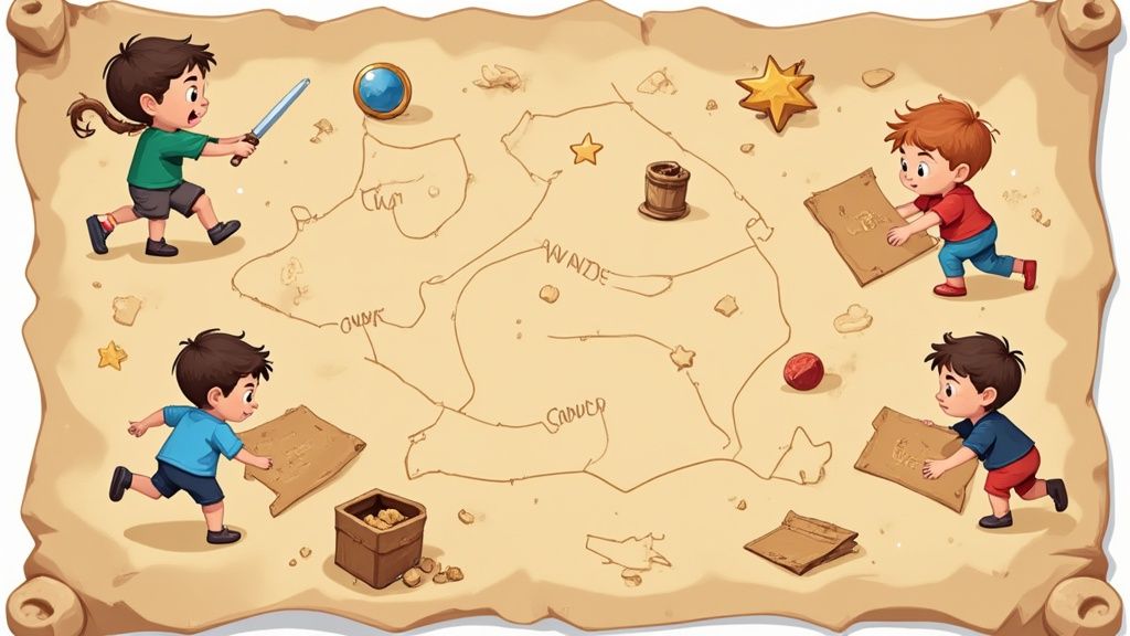 A child engaged in a playful learning quest with a treasure map and coloring supplies.