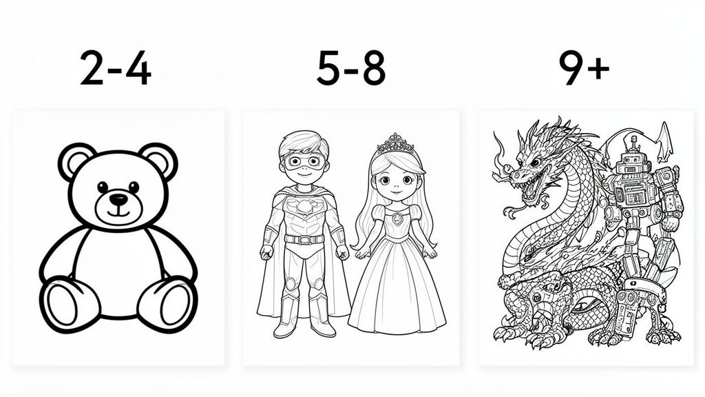 Three black and white coloring pages for kids, categorized by age groups 2-4, 5-8, and 9+.