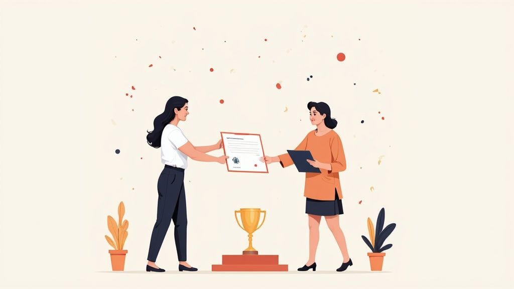 Two women exchange a certificate at an award ceremony with a golden trophy.