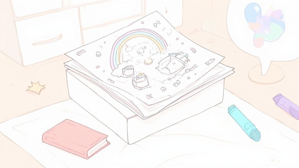Coloring book with rainbow and unicorn illustration on white box with crayons nearby