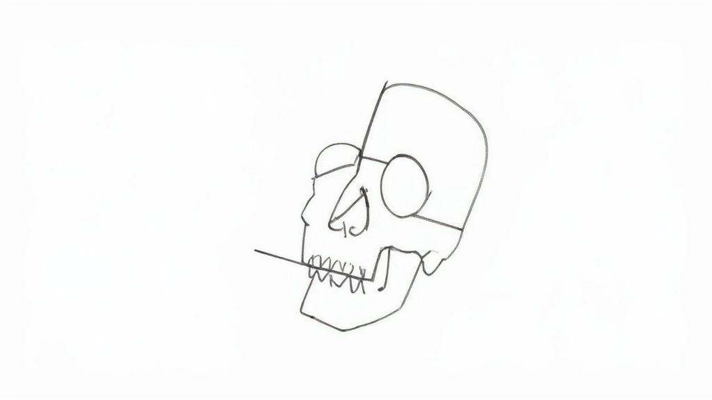 Black outline drawing of a skeleton head with teeth, part of a drawing lesson.