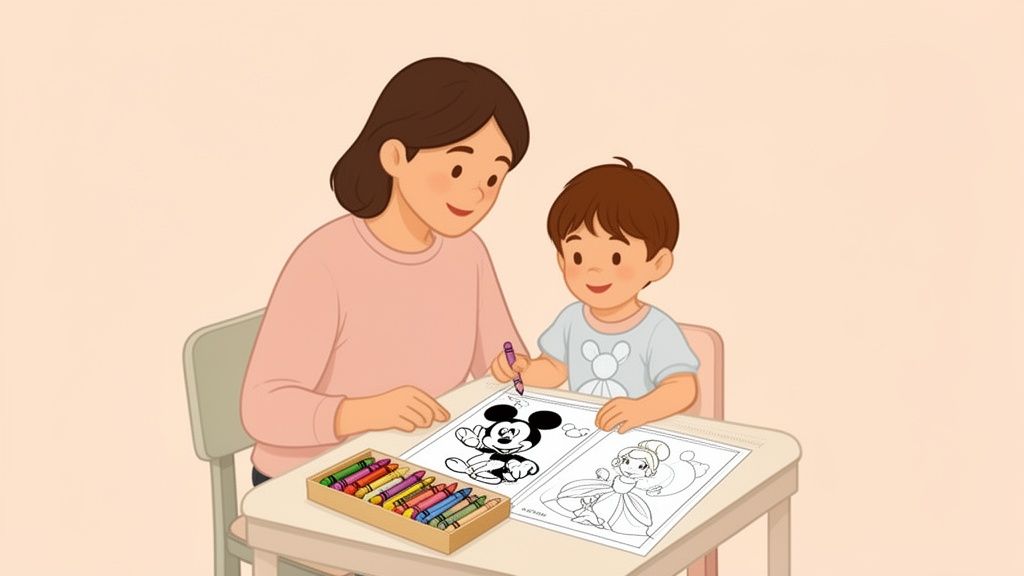 A woman and child coloring Mickey Mouse and princess sheets together with crayons.