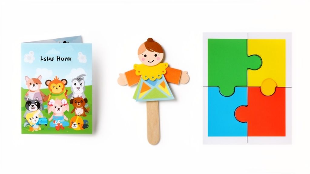A light blue children's book, a wooden girl puppet, and a colorful four-piece jigsaw puzzle.