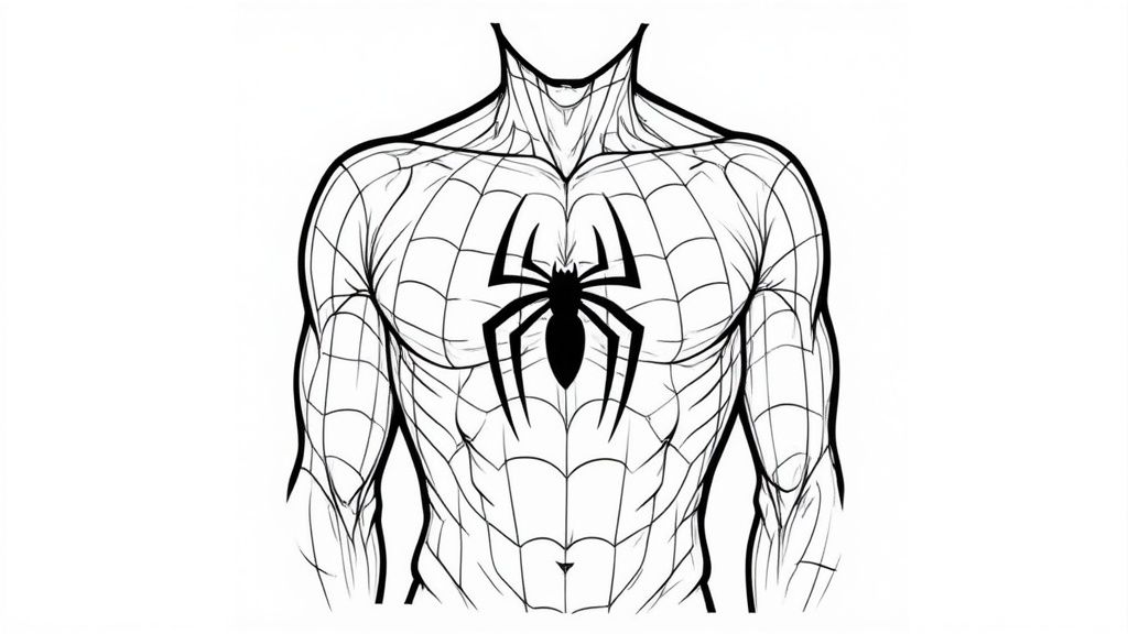 A sketch showing how to draw the web pattern and spider emblem on Spider-Man's suit