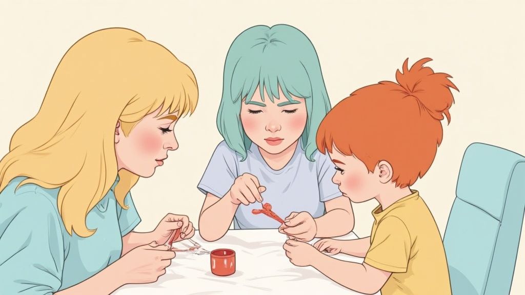 A parent and child looking at a coloring page together, with a curious and supportive expression.