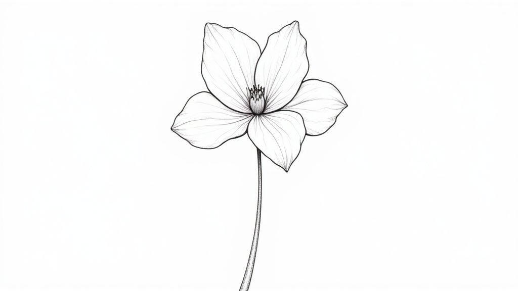 A detailed pencil sketch of a flower showing line weight and petal definition.