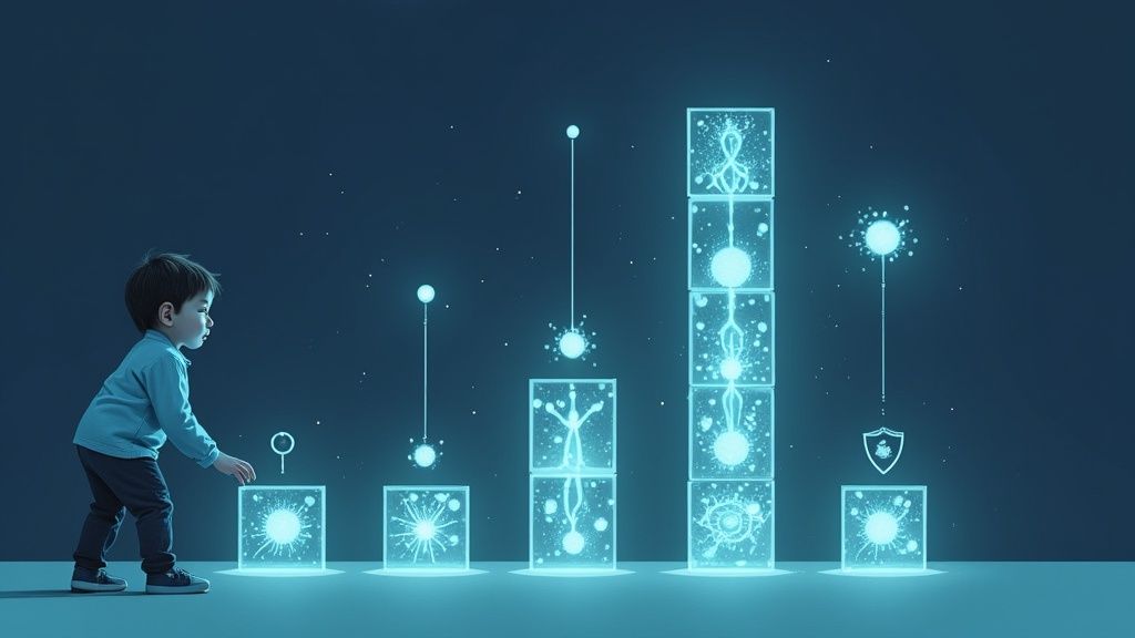 A group of diverse young children happily working together to build a colorful tower with various blocks and toys.