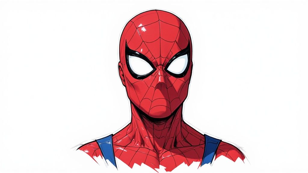A detailed sketch of Spider-Man's mask and the red and blue sections of his suit