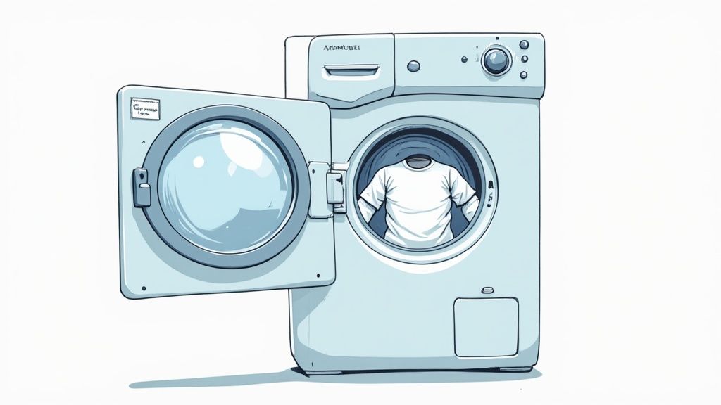 A person looking into an open dryer with a worried expression at a pile of colorful, stained clothes.