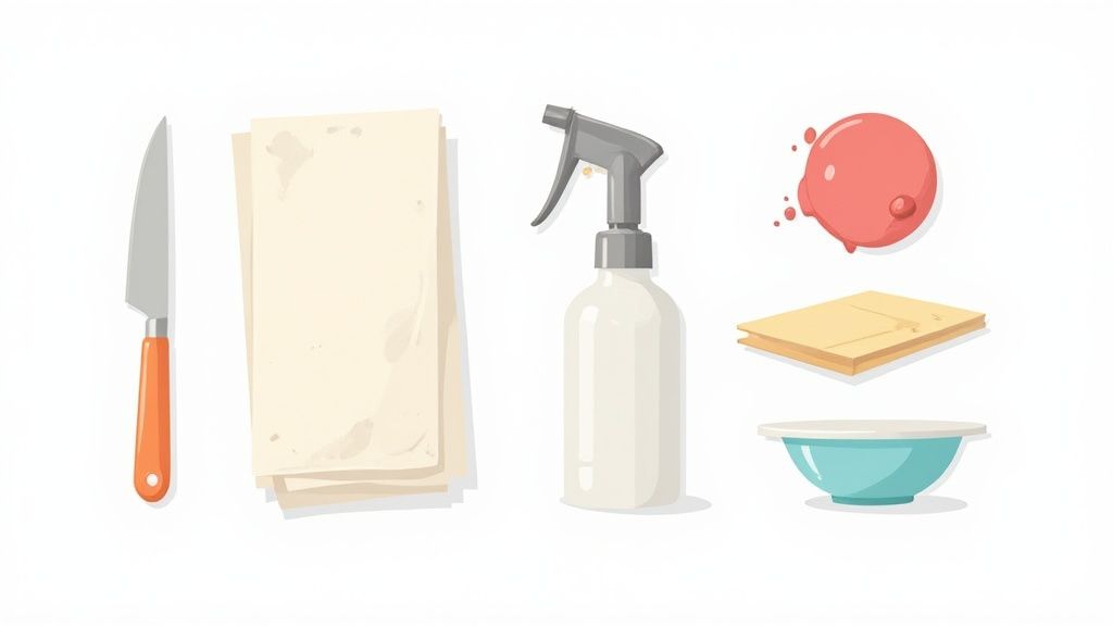 A collection of household items like a dull knife, paper towels, dish soap, and an iron arranged on a table.