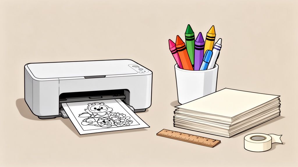 A white printer producing a coloring sheet, surrounded by crayons, paper, ruler, and tape.