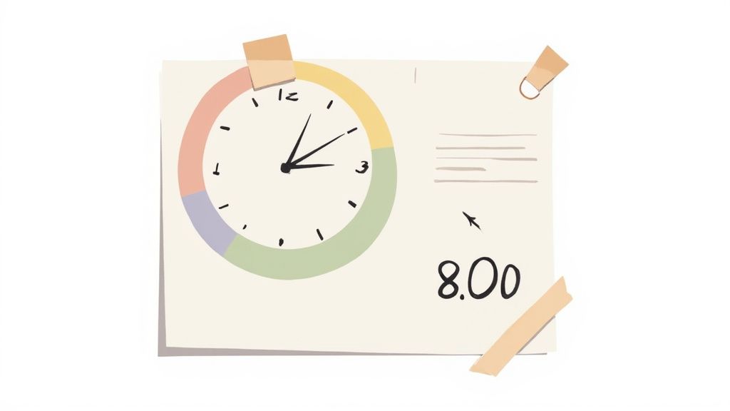 An illustration of a paper showing an analog clock with colored segments and the digital time 8.00.
