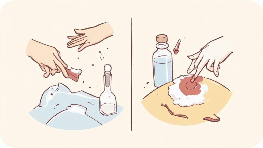 Close-up of a person using a cotton ball with rubbing alcohol to treat a stubborn crayon stain on a piece of clothing.