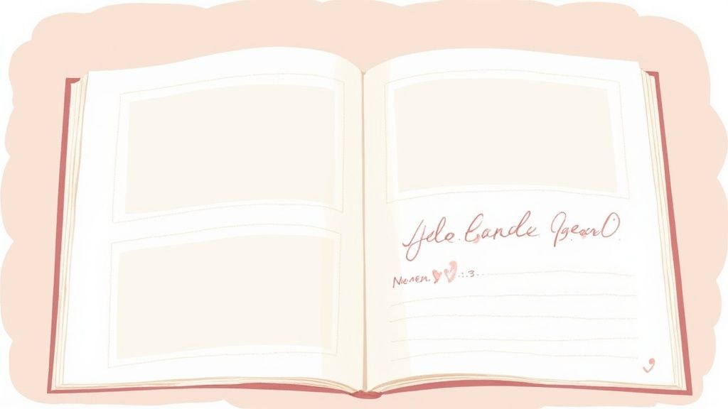 An open scrapbook featuring blank photo layouts and handwritten text on lined pages, styled in soft pastels.