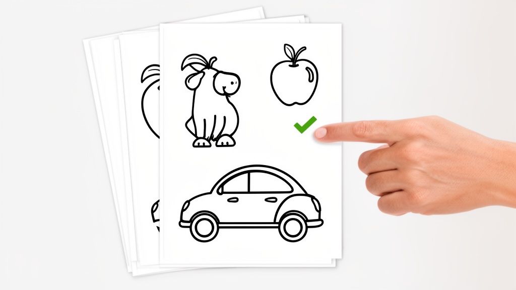 A hand points at an apple drawing on a coloring page, highlighted by a green checkmark.
