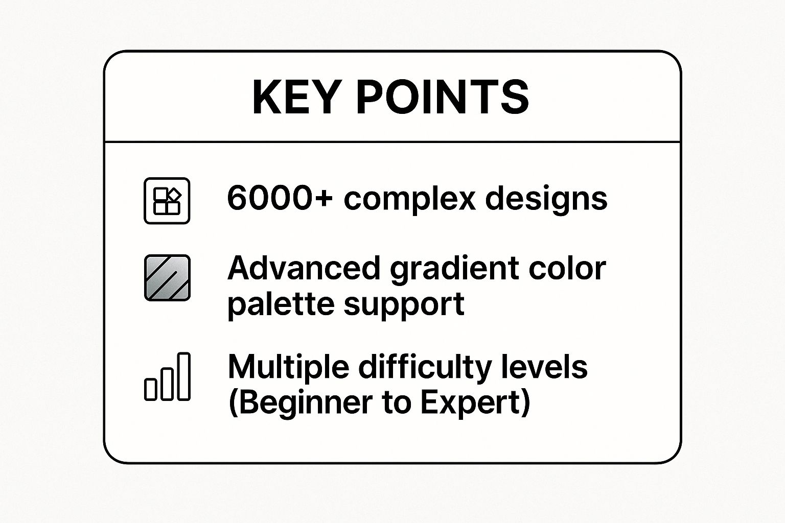 Infographic showing key data about Happy Color - Color by number, with three points: 6000+ complex designs, advanced gradient color palette support, and multiple difficulty levels from beginner to expert.
