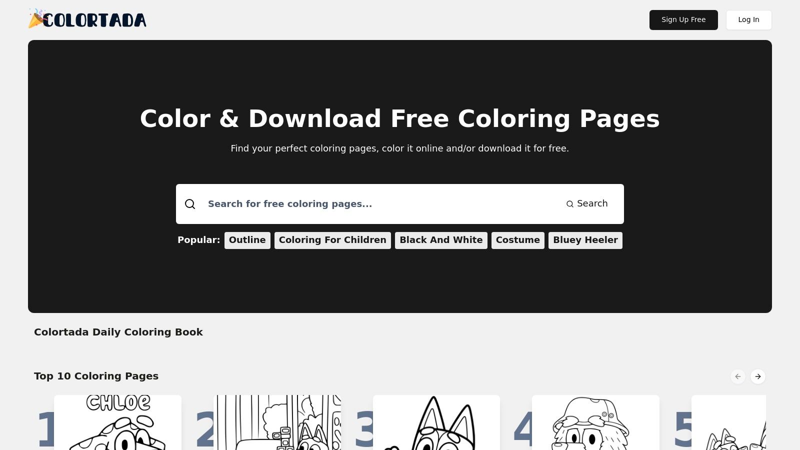 A collage of printable coloring pages from Colortada featuring popular characters like Bluey, Mario, and Sonic.