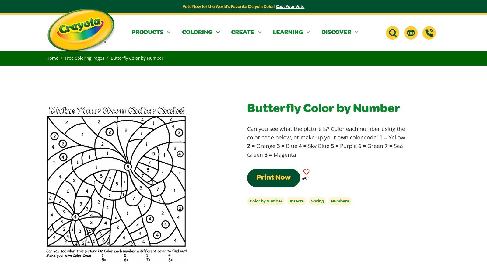 A screenshot of the Crayola website showing its free color by number butterfly printable.