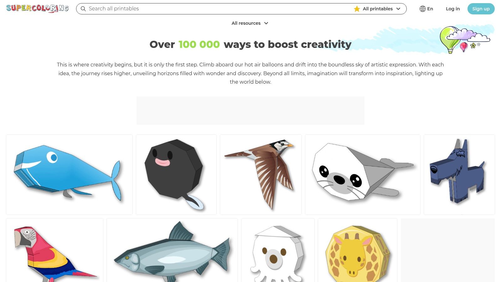 A collection of geometric animal coloring pages from SuperColoring.com, including a wolf and an owl.