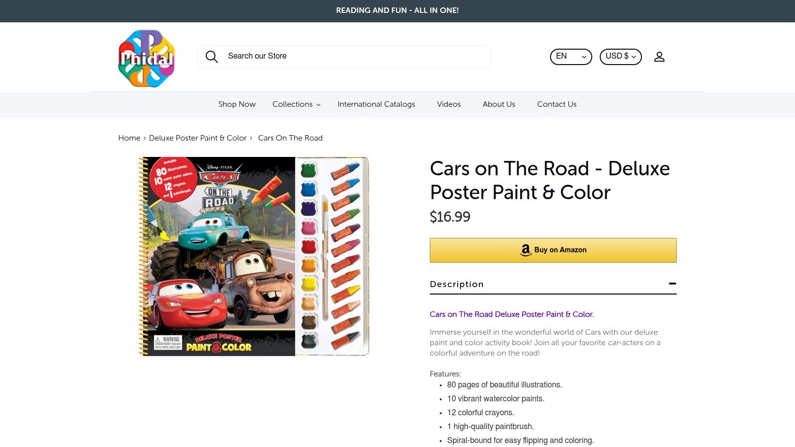 A product page from Phidal Publishing showing the Cars on the Road Deluxe Poster Paint & Color kit.