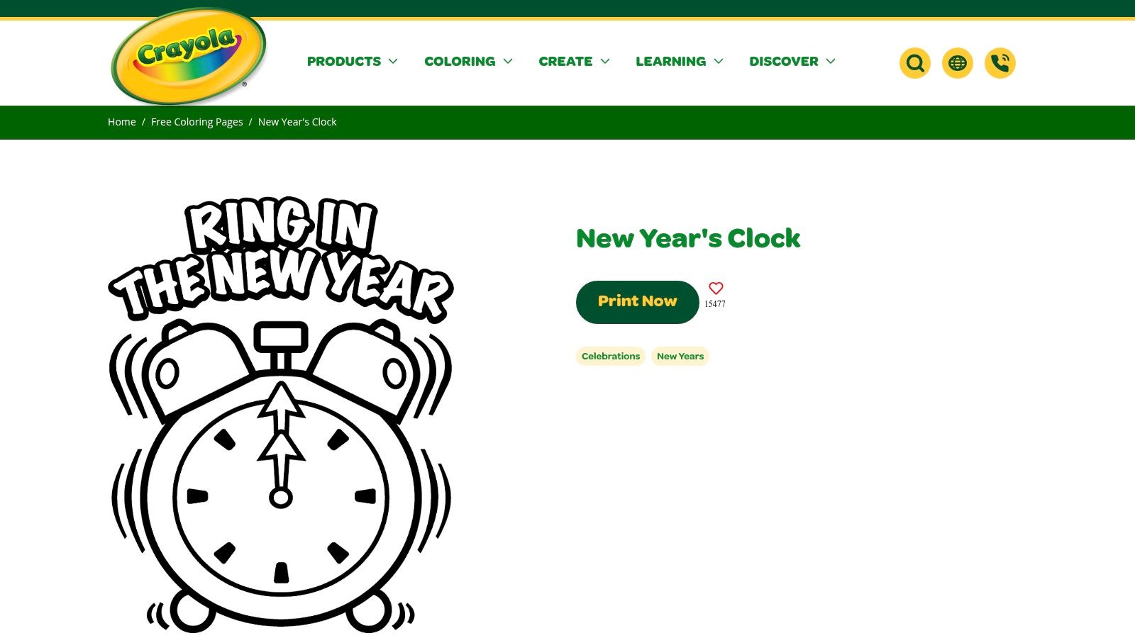 A detailed New Year's themed clock coloring page from the Crayola website, ready for printing.