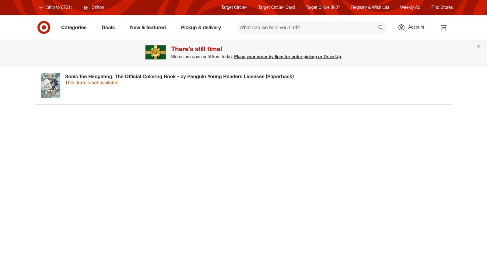 A screenshot of the Target website product page for the official Sonic the Hedgehog coloring book, showing the book's cover, price, and options for shipping or in-store pickup.