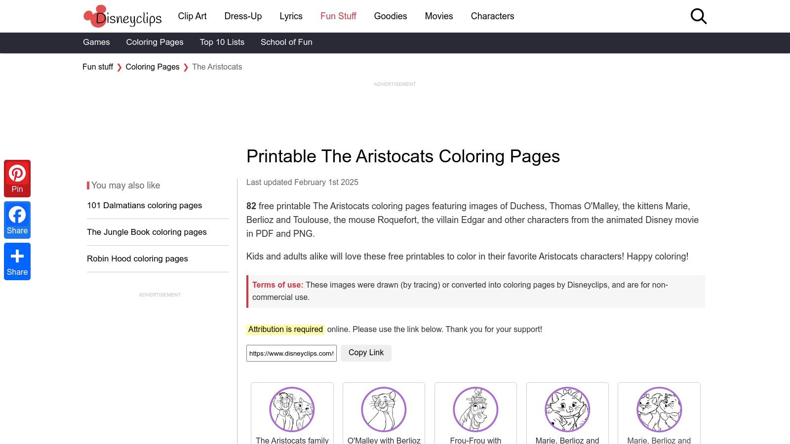 A grid of Aristocats coloring pages featuring Duchess, Thomas O'Malley, and the kittens from Disneyclips.com