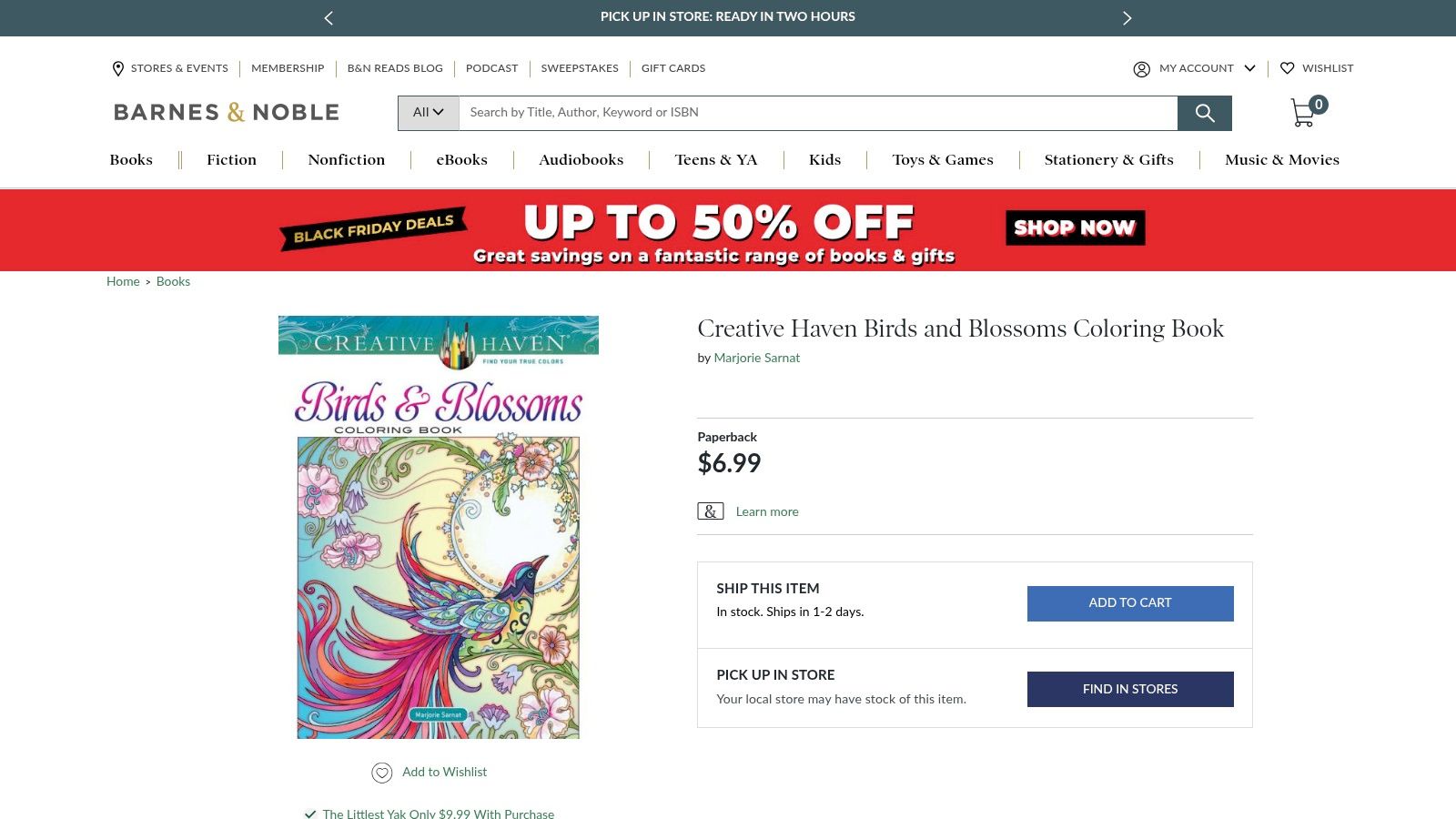 A screenshot of the Barnes & Noble website showing a Creative Haven bird coloring book product page.